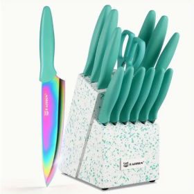 14-Piece Rainbow Colored High Carbon Stainless Steel Kitchen Knife Set, Titanium Coated Blade, Rust-Free & Super Sharp, Flatware Set With Wooden (Color: Green)